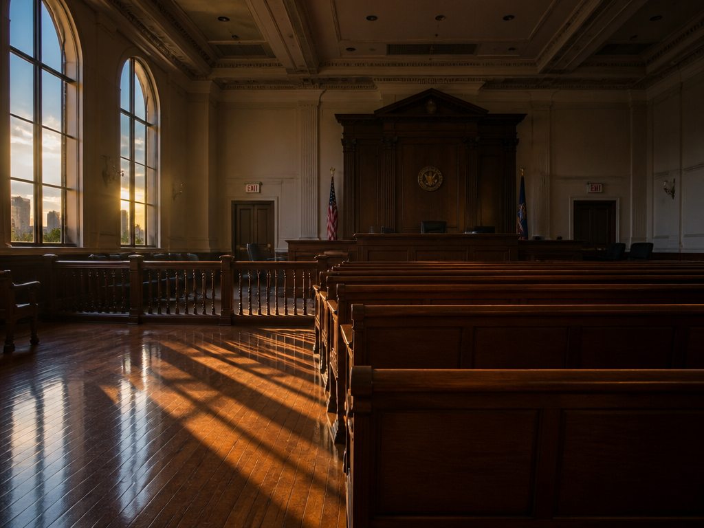 A photorealistic wide shot of an empty, austere federal courtroom in Nashville after hours…