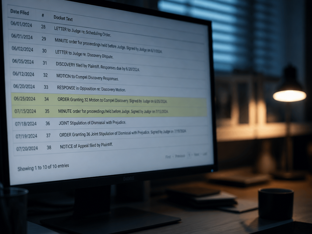A photorealistic close-up of a computer monitor displaying an electronic court docket, the screen…