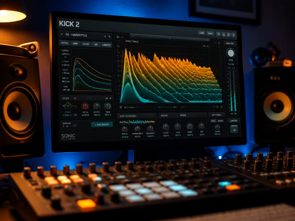 Close-up photorealistic studio photograph of a modern music production desk in a dimly lit…