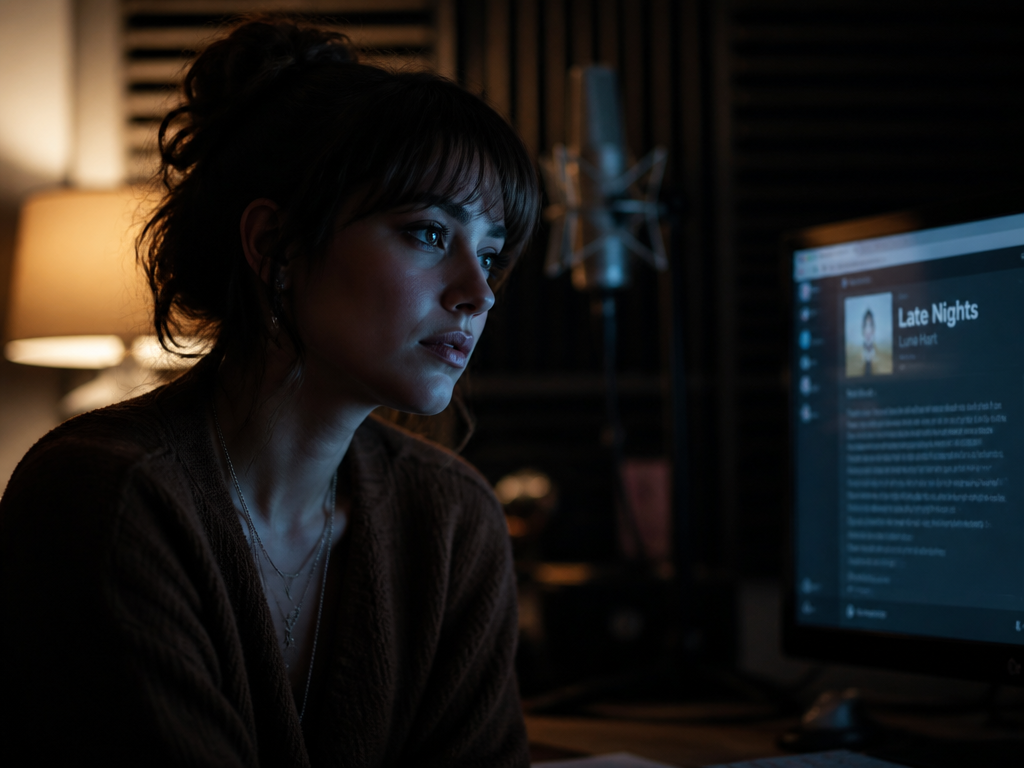 A moody, cinematic close-up photograph of a female singer-songwriter sitting alone in a dimly…