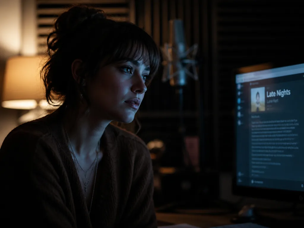 A moody, cinematic close-up photograph of a female singer-songwriter sitting alone in a dimly…
