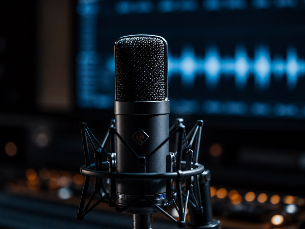 A dramatic close-up photograph of a sleek modern recording studio microphone in sharp focus…