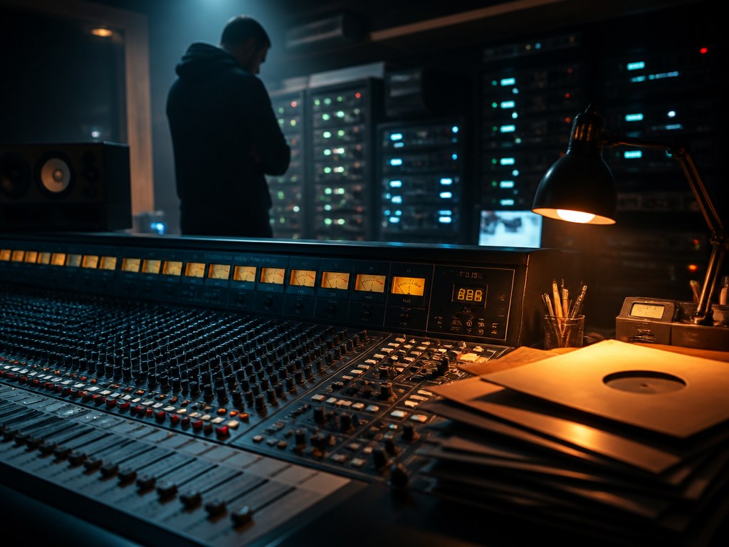 A dimly lit professional recording studio at night, shot with a 35mm lens at…