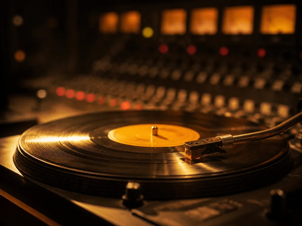 A photorealistic close-up photograph of a vintage vinyl record spinning on a warm-lit turntable…