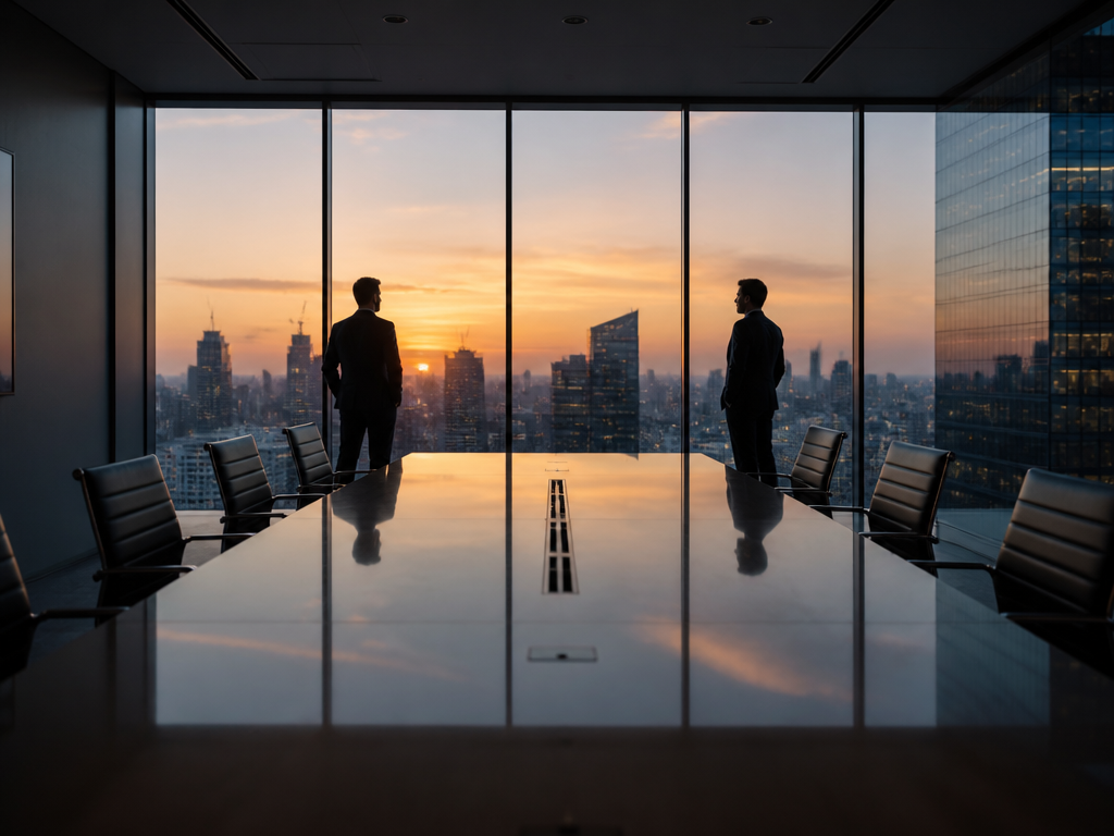 A photorealistic wide-angle photograph of a modern glass-walled boardroom at dusk, empty of clutter…