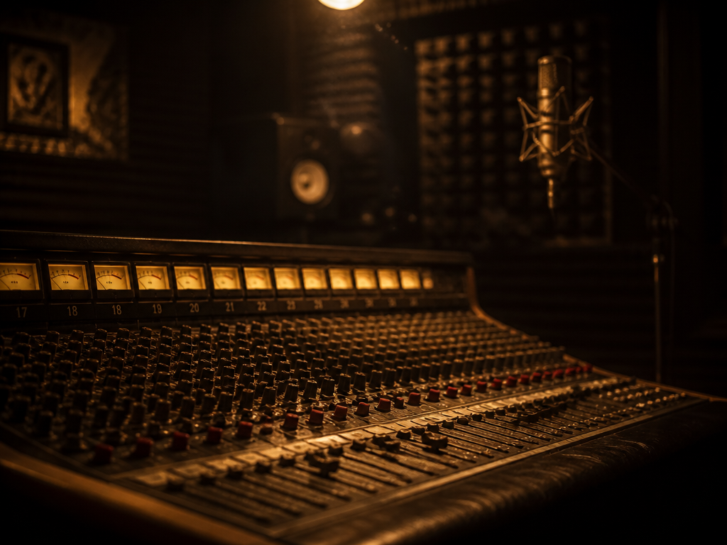 A dimly lit recording studio at night, focused on a vintage analog mixing console…
