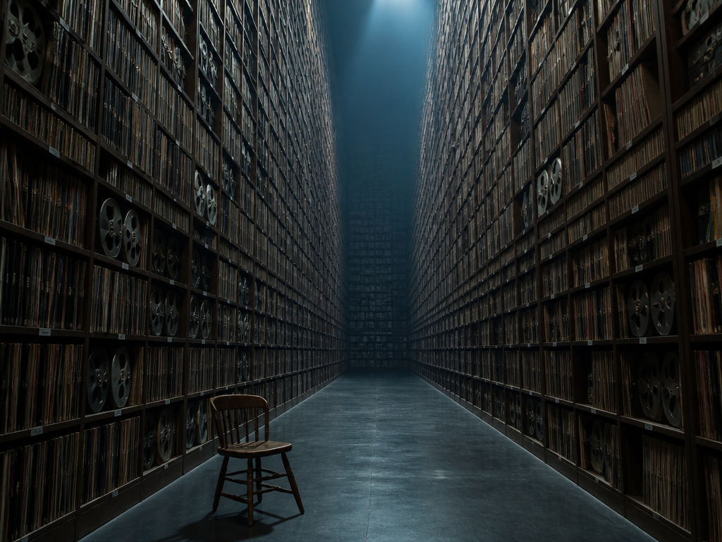 An immense library-like archive of vinyl records and reel-to-reel tapes stretching endlessly down a…