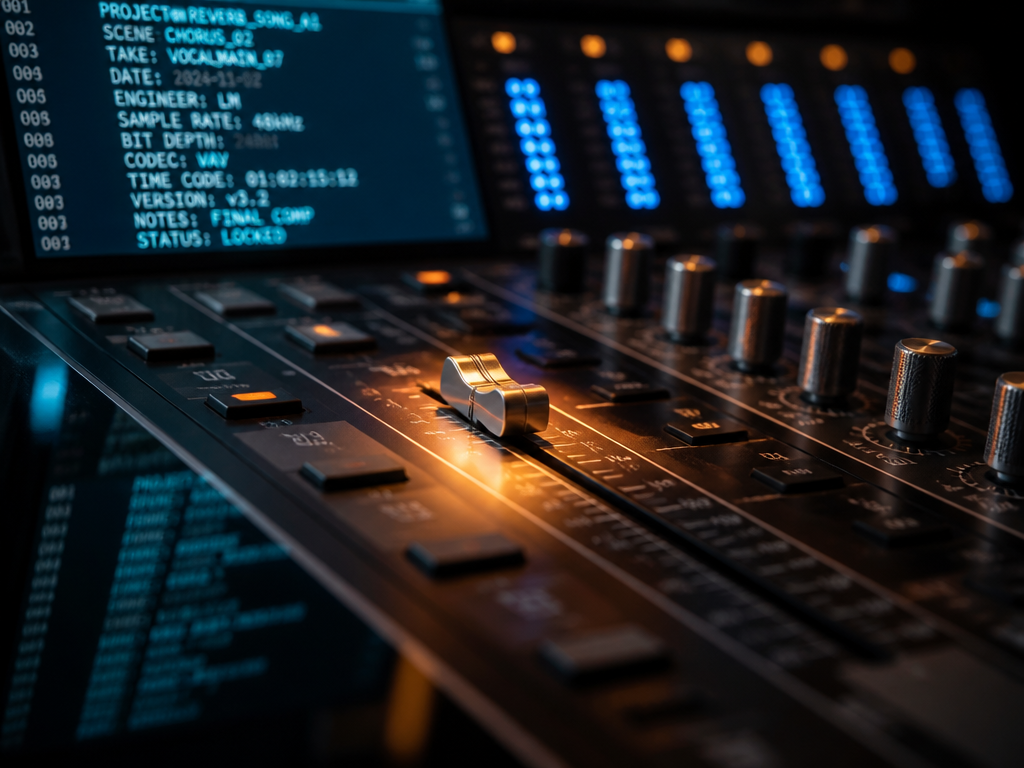 A close-up macro photograph of a professional audio engineer's mixing console in a dimly…