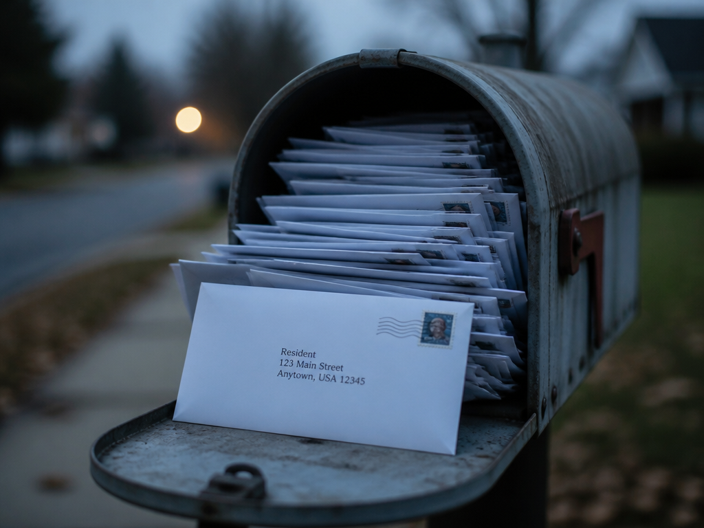 A close-up, waist-level photograph of a single weathered mailbox overflowing with a dense mass…
