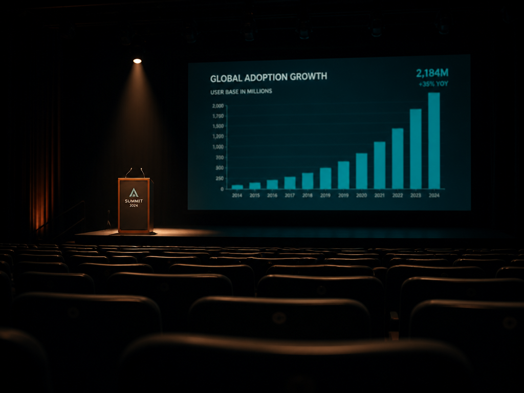 A dimly lit conference stage photographed from the middle of an empty audience, a…