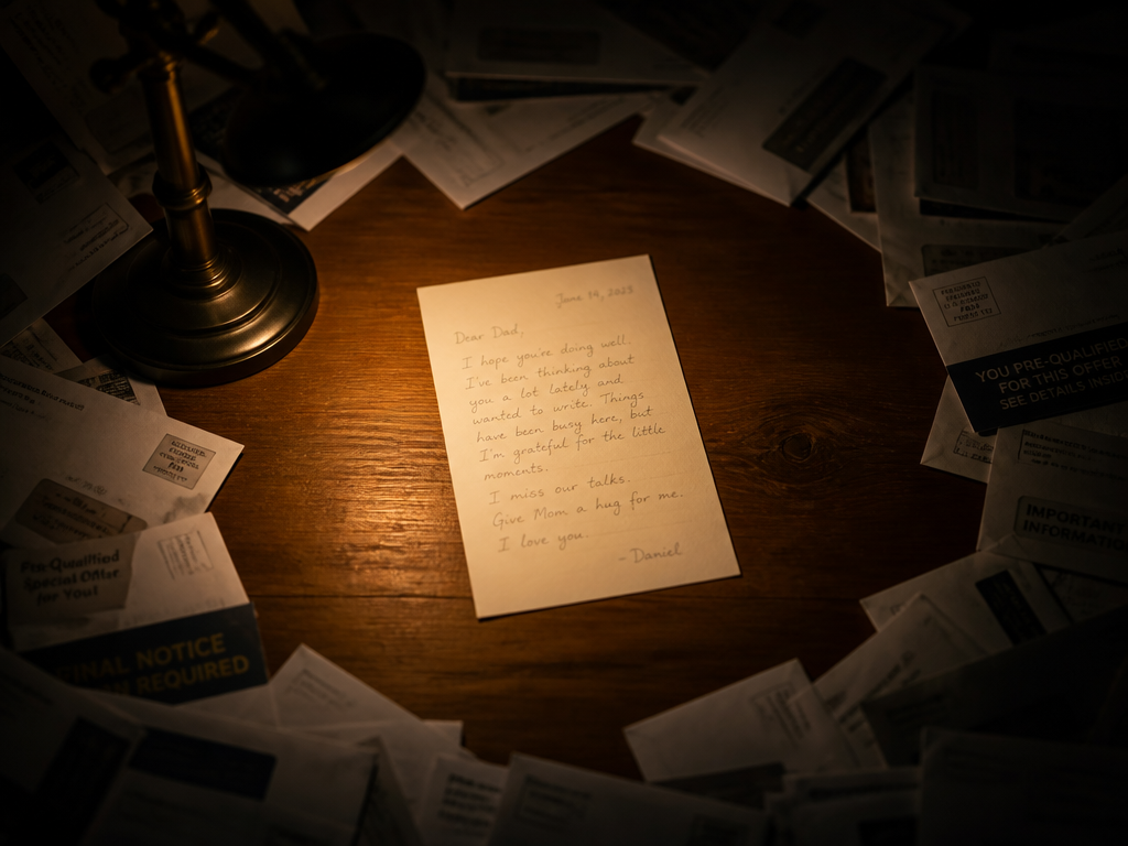 An overhead flat-lay photograph of a wooden desk where a single handwritten letter on…