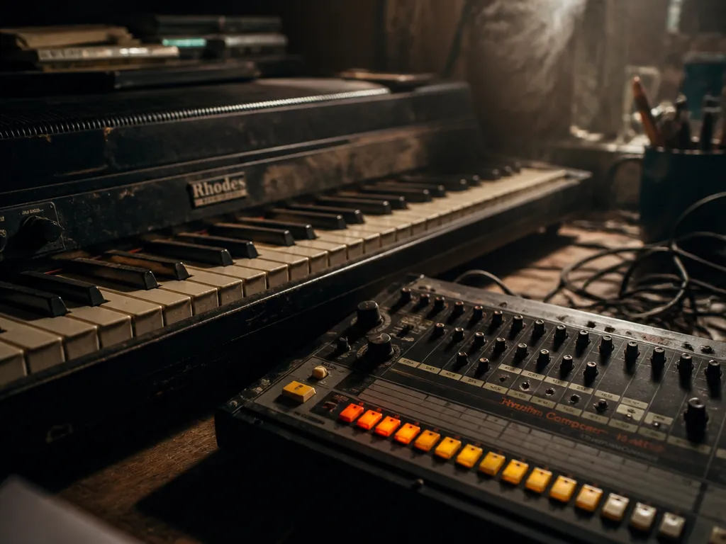 A close-up photorealistic still life of a vintage detuned Rhodes electric piano and a…