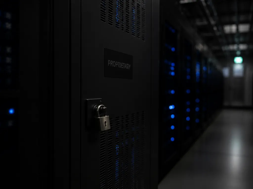 A tightly sealed matte-black metal server cabinet standing alone in a dim data-center aisle…