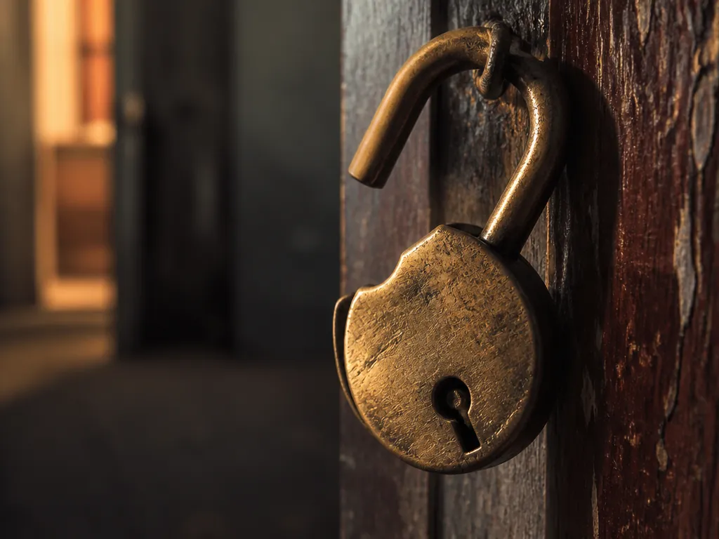 A photorealistic close-up photograph of a weathered brass door lock mounted on an aged…
