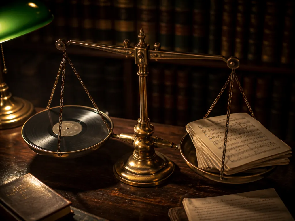 A dramatic overhead close-up of a vintage brass balance scale resting on a dark…