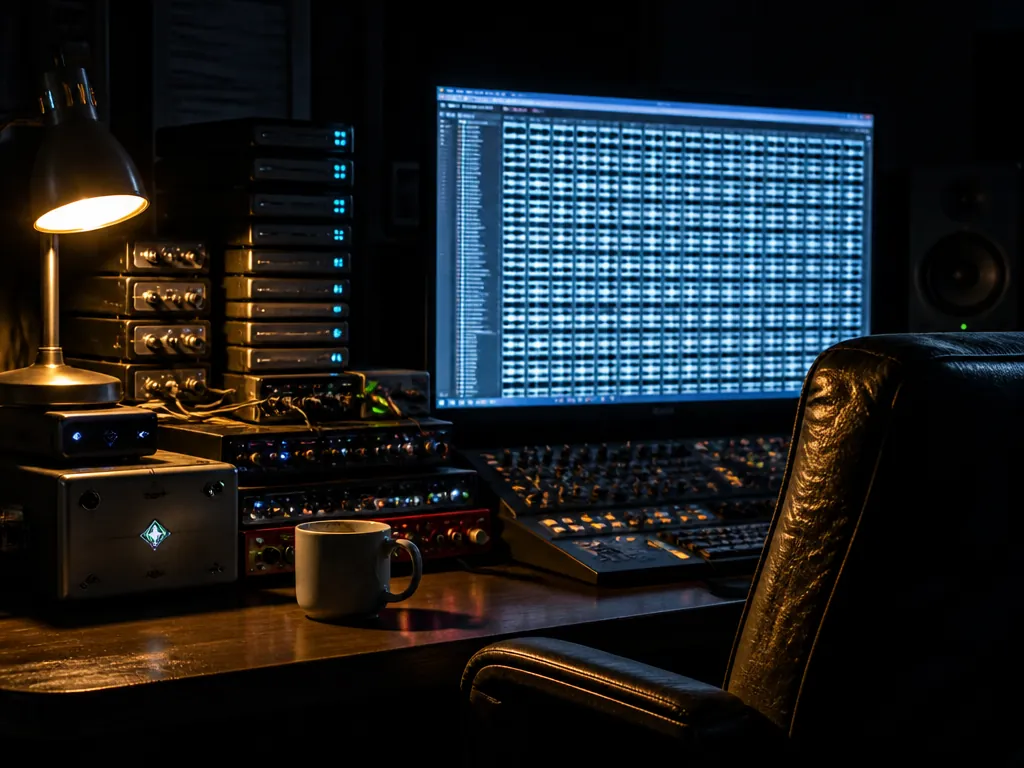 A photorealistic wide-angle photograph of a dim home recording studio at night, a single…