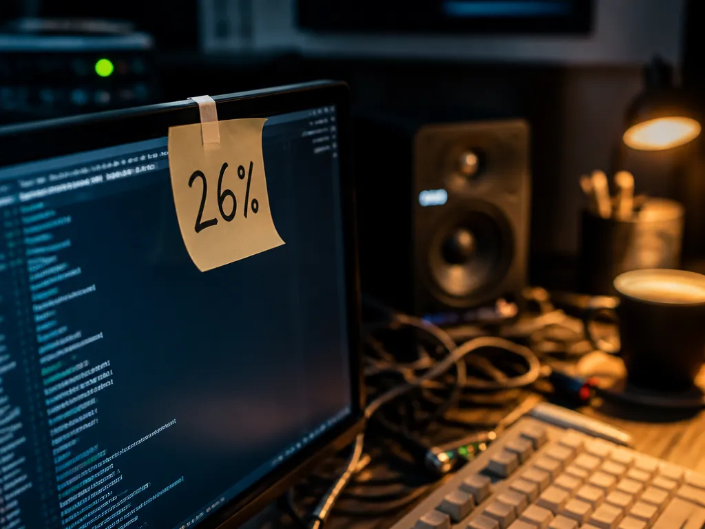 A professional photojournalistic close-up of a cluttered developer workstation shot at eye level in…