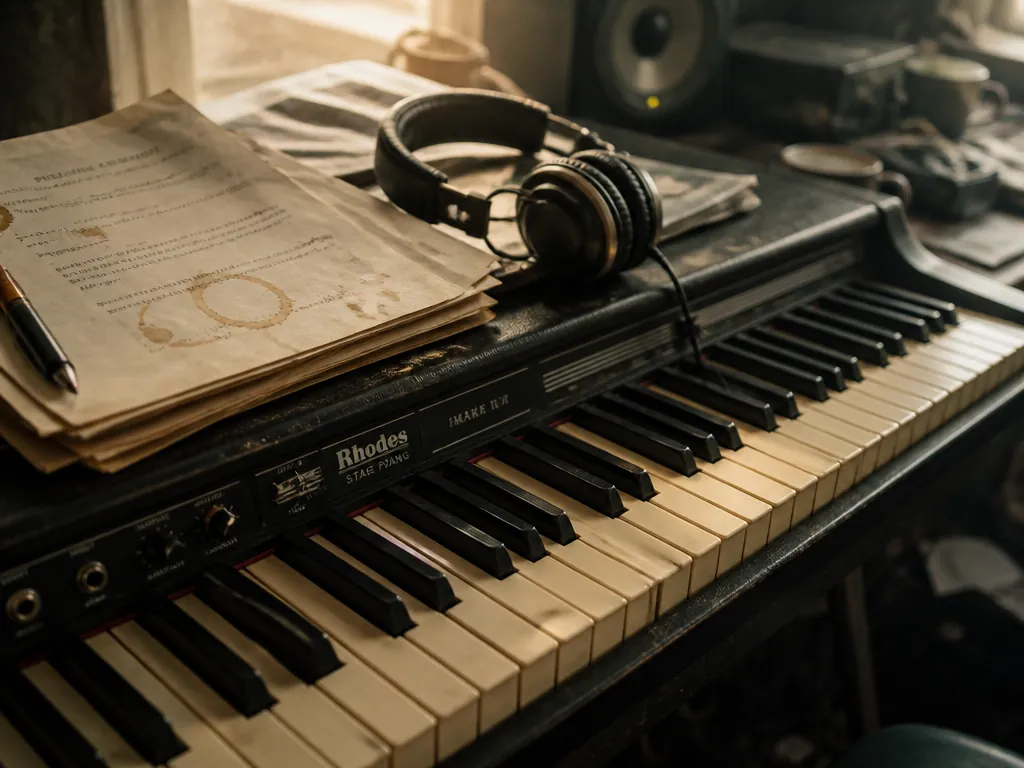 A tight overhead close-up of a vintage electric piano keyboard photographed on a cluttered…