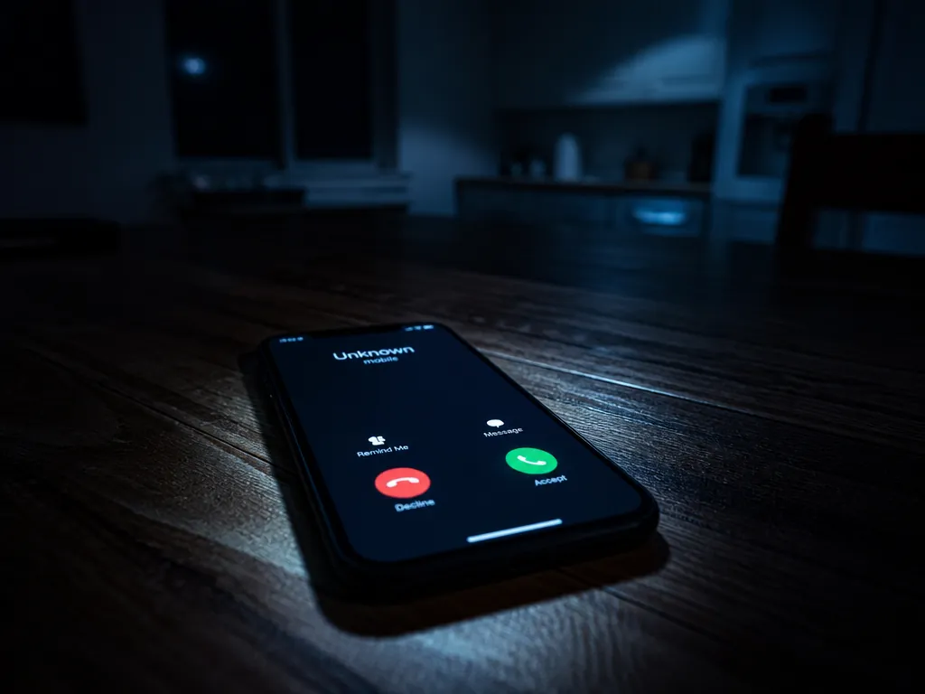 Photorealistic photograph of a smartphone lying face-up on a dark wooden kitchen table at…