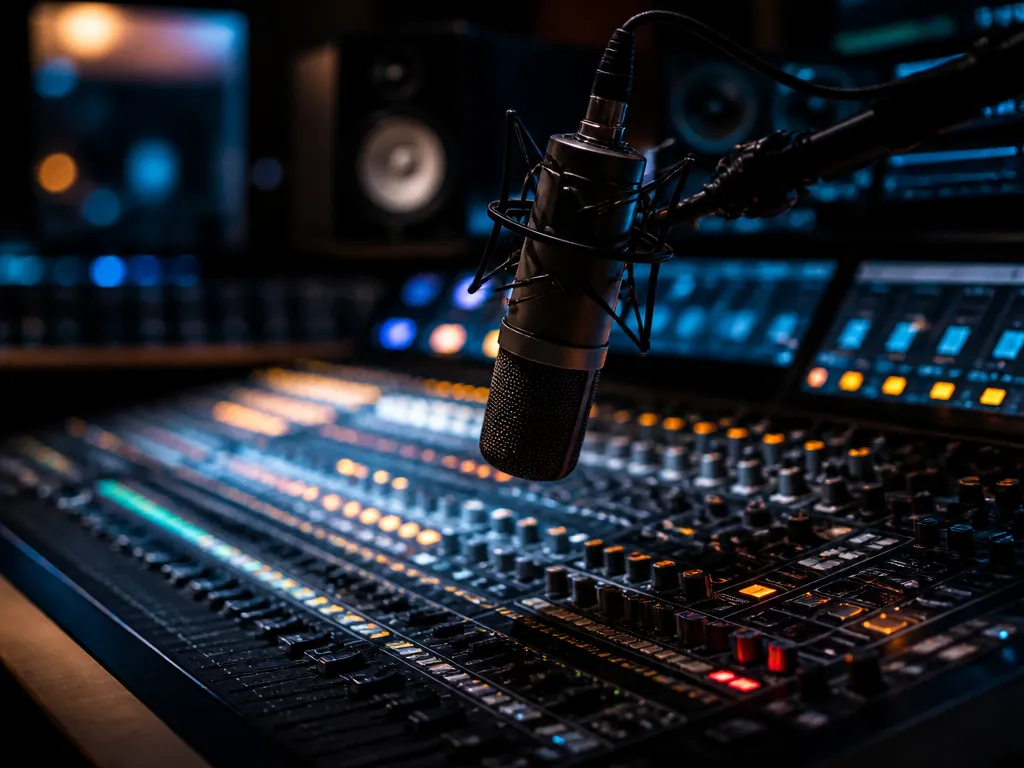 Close-up photograph of a professional recording studio mixing desk at night, hundreds of illuminated…