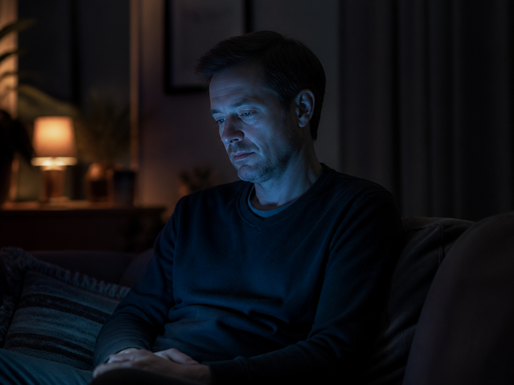 A photorealistic medium shot of a person sitting alone in a dimly lit modern…