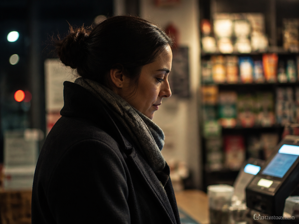 A close-up photorealistic photograph of a person standing at a retail checkout counter at…