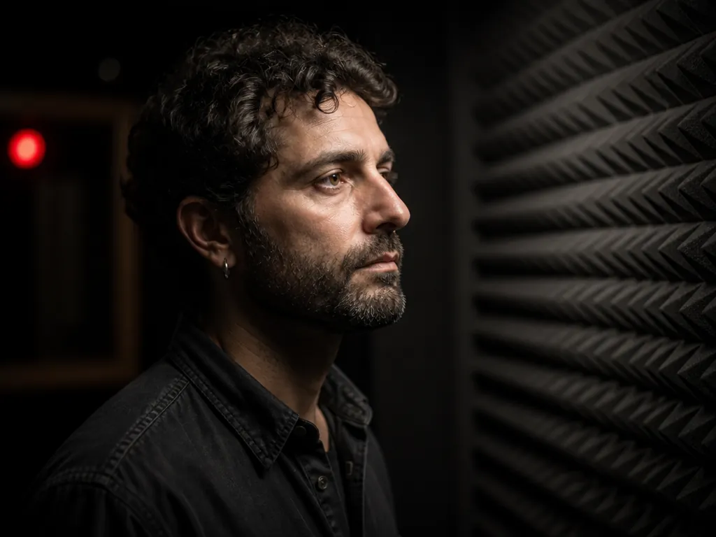 A close profile portrait of a session musician standing alone in a soundproofed live…