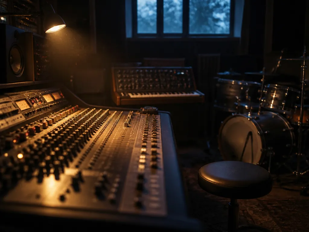 A dimly lit professional recording studio at dusk, empty except for a vintage analog…