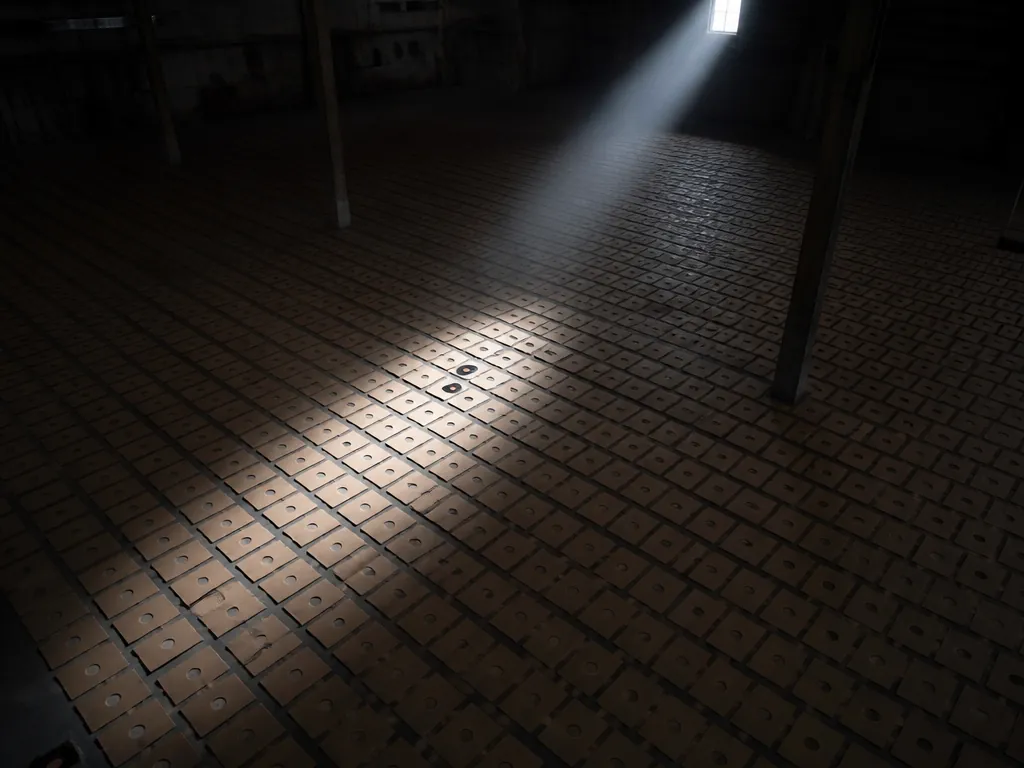 A wide overhead photograph of a vast dim warehouse floor covered edge to edge…