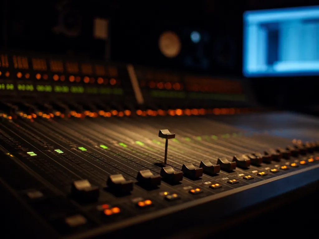 A tight low-angle photograph inside a darkened recording studio control room at night, focused…