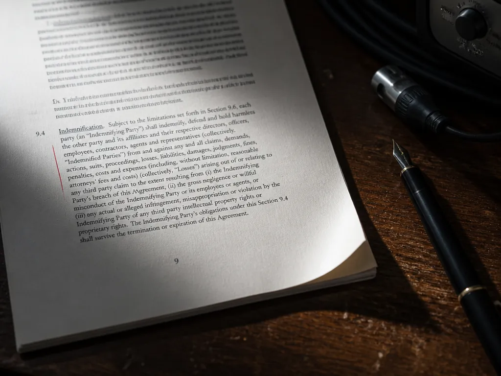 A tightly cropped overhead photograph of page nine of a printed legal contract lying…