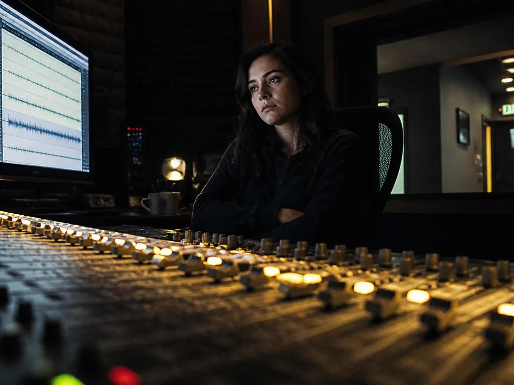 A photorealistic photograph of a recording studio control room shot at 11 p.m., a…