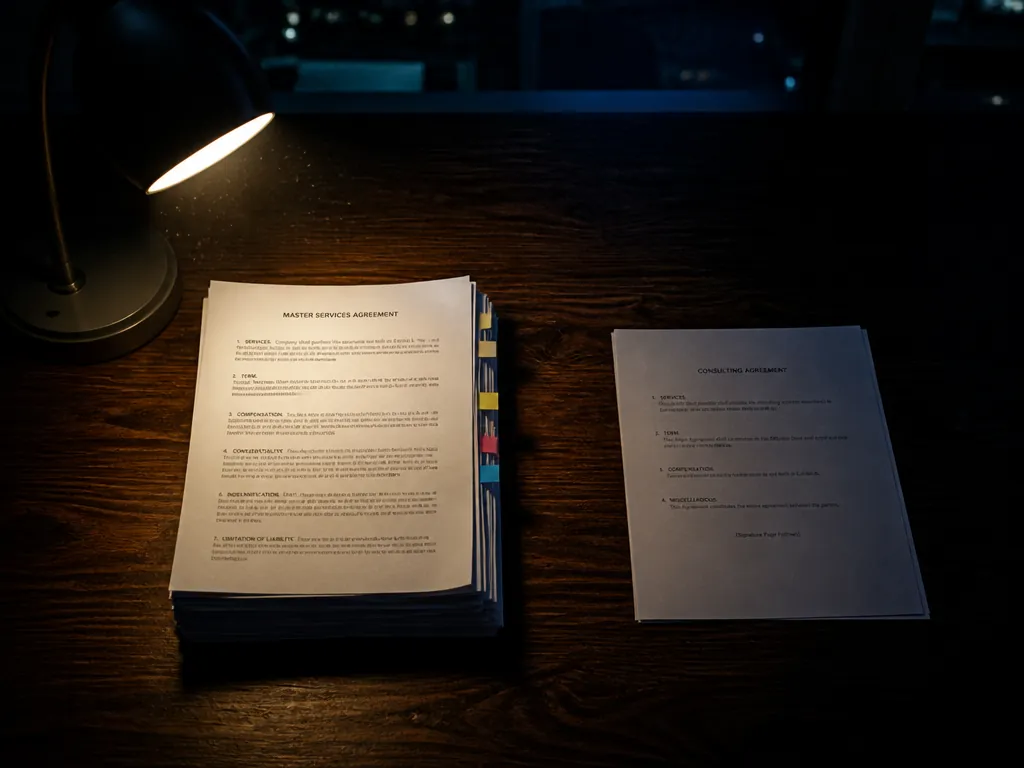 A photorealistic overhead photograph of a dark walnut conference table at night, shot from…