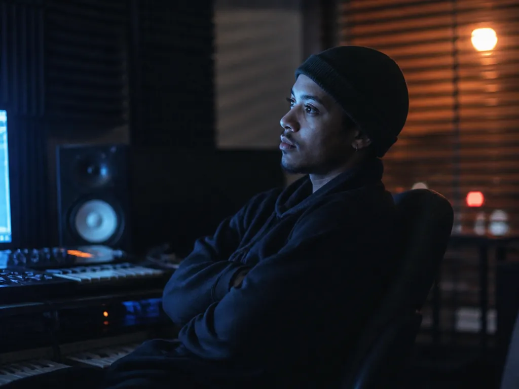 A photorealistic environmental portrait of a music producer seated in a darkened home studio…