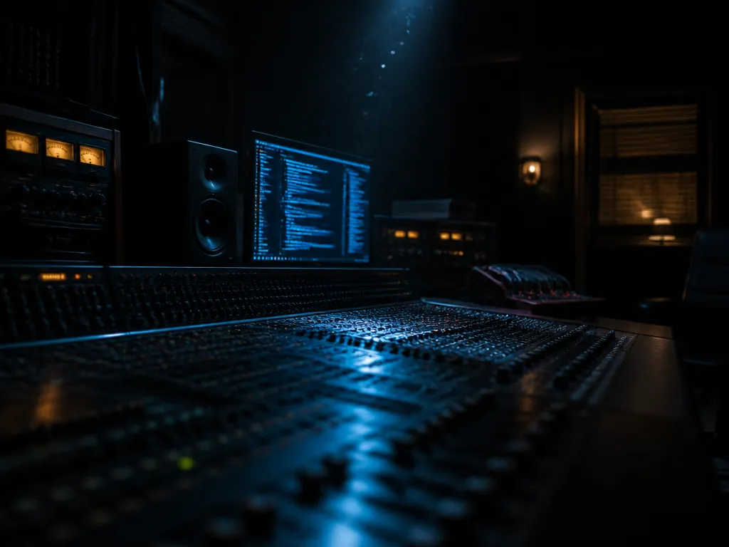 A photorealistic interior photograph of an empty, dimly lit recording studio control room at…