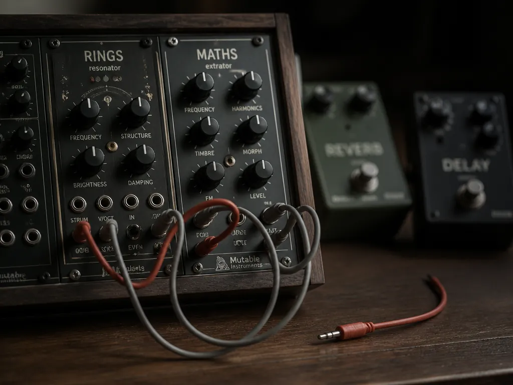A photorealistic studio still life of a small modular synthesizer voice on a dark…