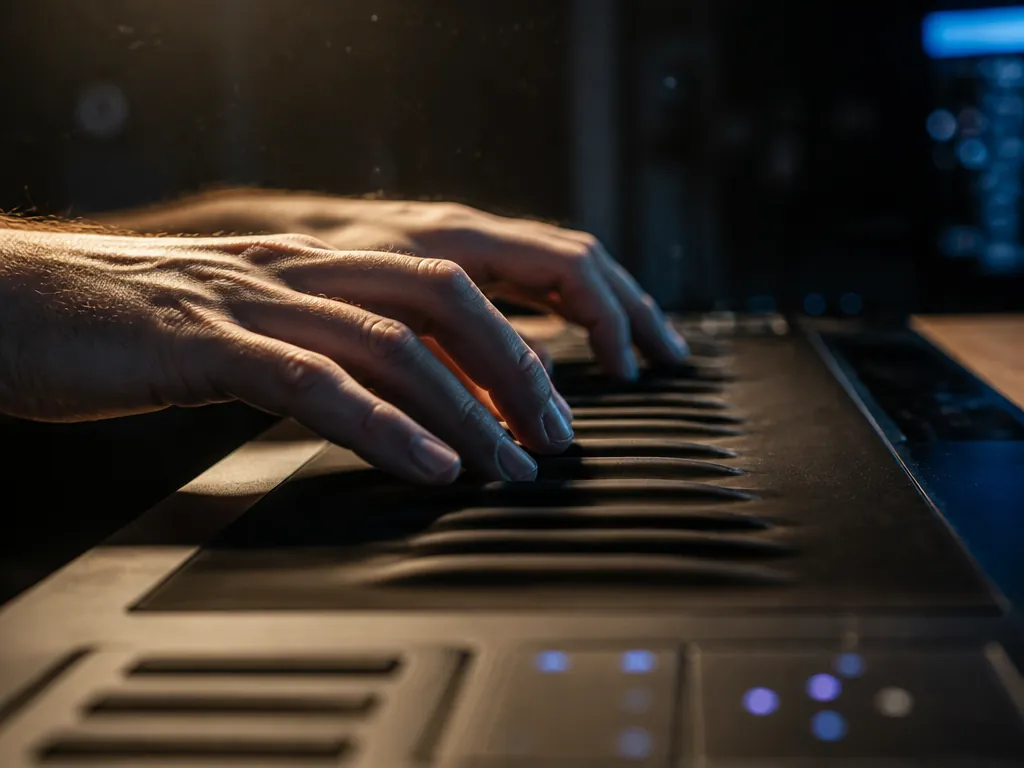 A close-up photograph of a musician's hands hovering just above a matte-black expressive keyboard…