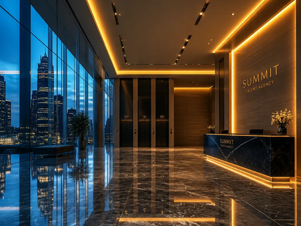 A vast empty glass-walled talent agency lobby photographed at dusk after the staff have…