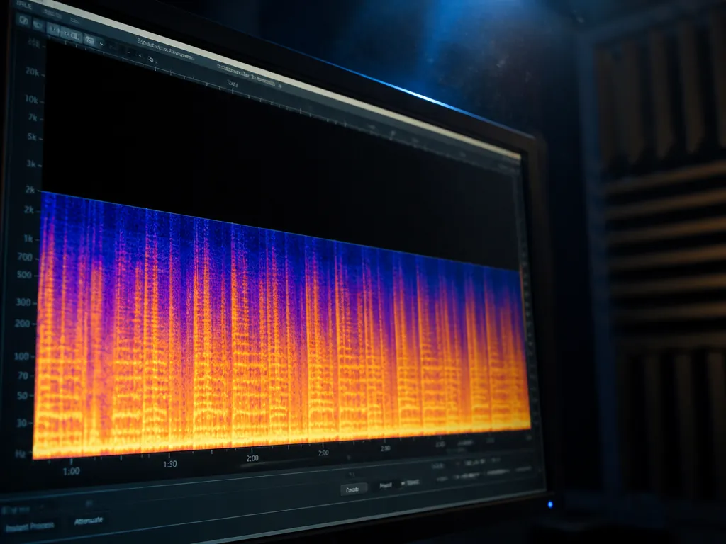A close-up photograph of a high-resolution computer monitor in a dark studio control room…