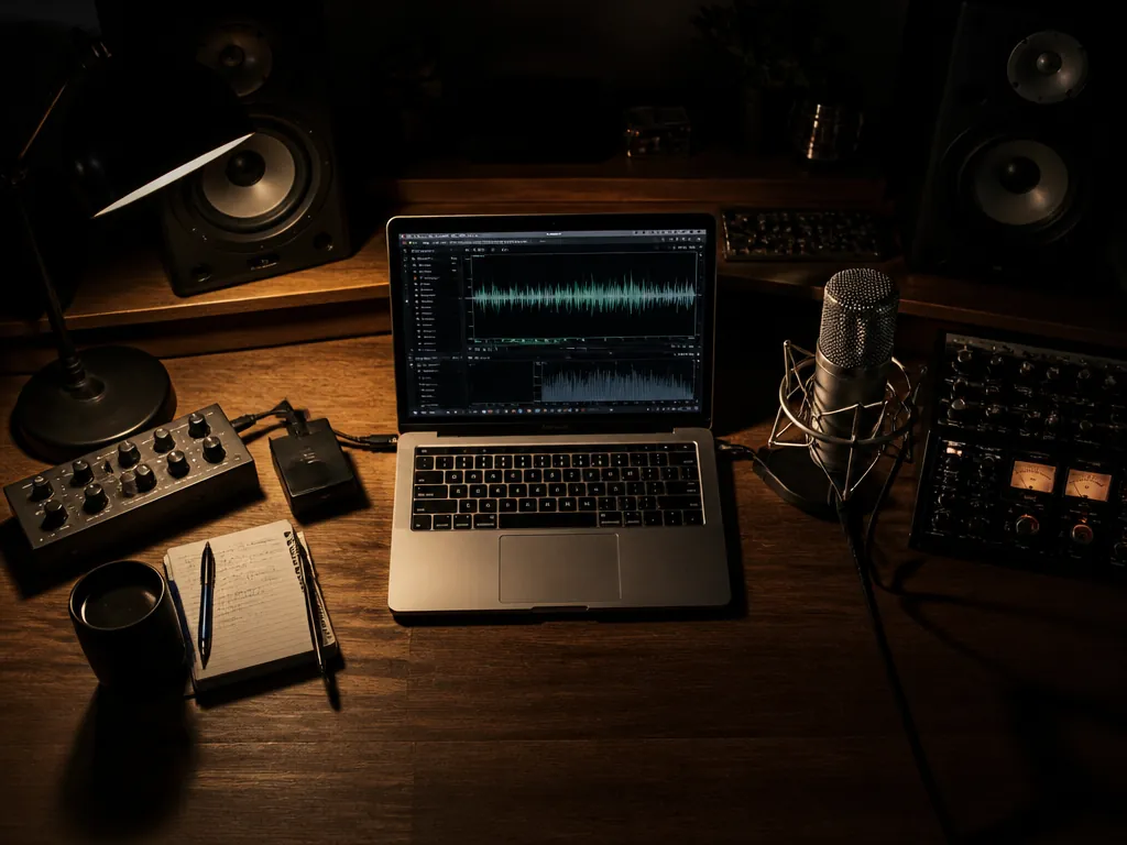 A photorealistic overhead photograph of a professional recording studio desk at night, an open…