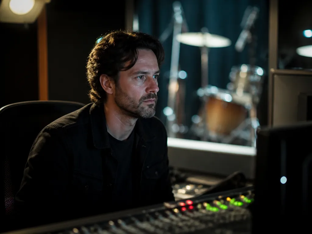 A photograph of a sound engineer seated in a dimly lit mixing suite, seen…