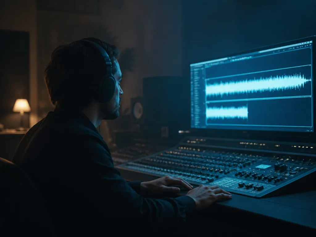 An audio engineer seated at a mixing console in a dim post-production suite, seen…