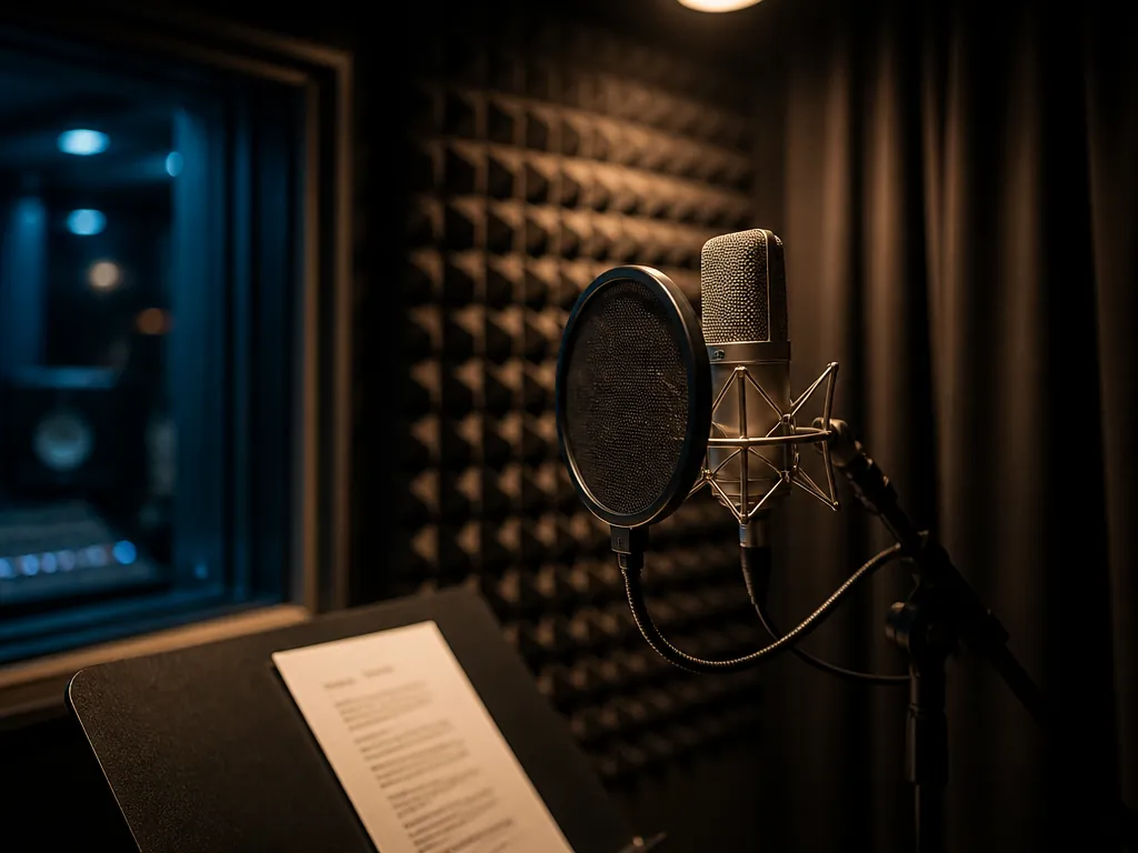 A professional recording studio vocal booth photographed at eye level, empty of people: a…