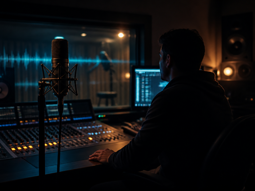 A moody, atmospheric photograph inside a professional recording studio at night, captured with a…
