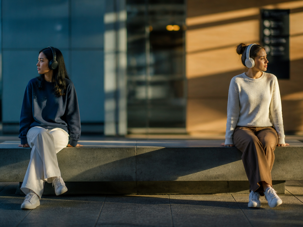 A photorealistic editorial photograph of two young women sitting on opposite ends of a…
