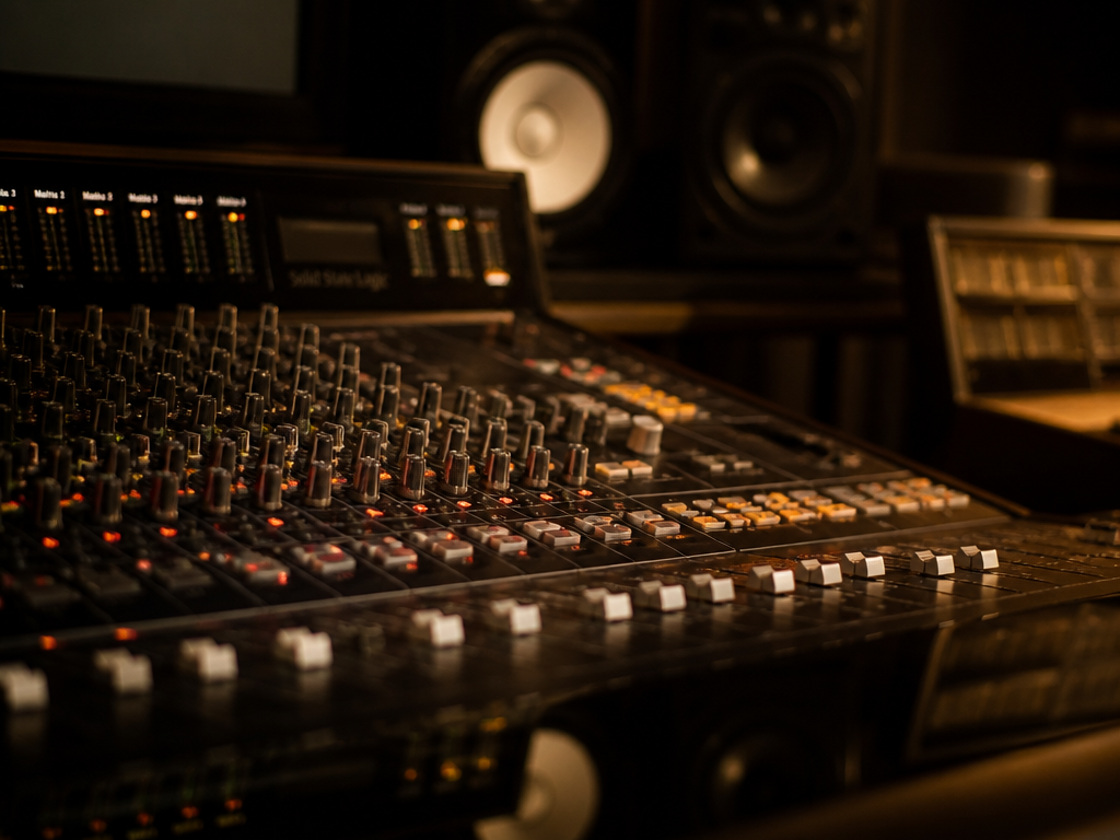 A photorealistic close-up of a recording studio mixing console glowing under low warm key…