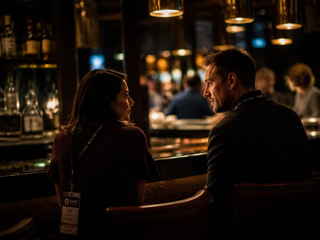A dim conference-hotel bar at night photographed from a middle distance, two people seated…