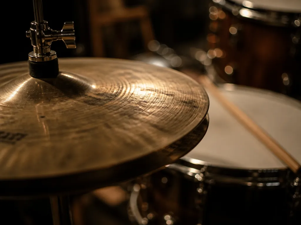 A close-up photograph of a professional recording studio drum kit at rest, focused tightly…