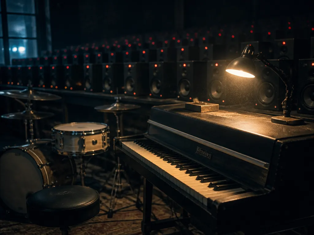 A dimly lit home studio at night photographed from a low three-quarter angle: a…