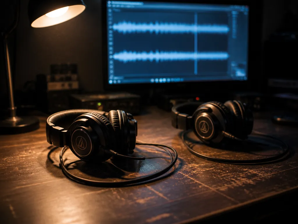 A professional photorealistic photograph of a dimly lit home studio at night, shot at…